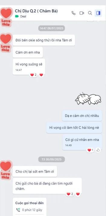 Tin nhắn Zalo chị Dịu Quận 2 thuê người chăm bà tại TP.HCM, giới thiệu thêm người quen