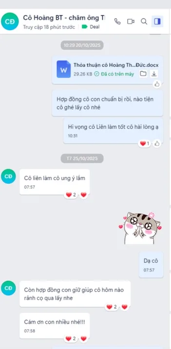 Tin nhắn Zalo cô Hoàng Bình Thạnh khen người chăm ông tại TP.HCM — cô Liên làm cô ưng ý lắm