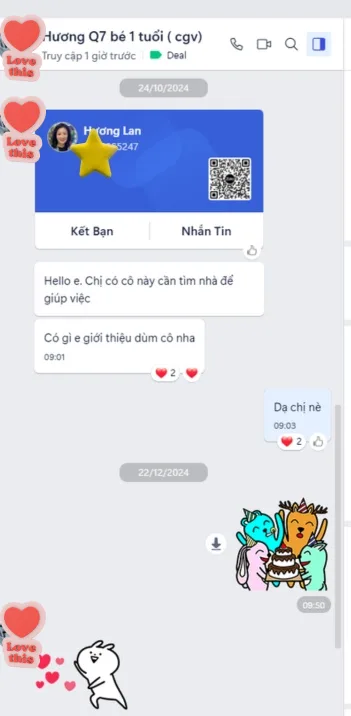 Tin nhắn Zalo chị Hương Quận 7 thuê bảo mẫu cho bé 1 tuổi tại TP.HCM giới thiệu khách mới